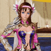 a girl in a pink and purple costume with a white headband