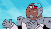 a cartoon character in a robot costume with a red eye is making a funny face .