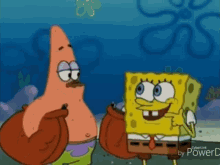 patrick star and spongebob squarepants are standing next to each other in the ocean
