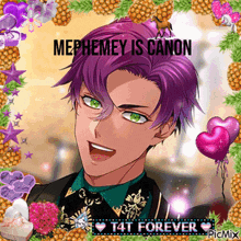 a man with purple hair and green eyes is surrounded by pineapples
