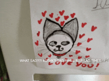 a drawing of a cat surrounded by red hearts with the words " what sad ? "