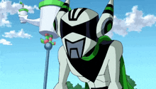 a cartoon character with a green scarf around his neck is standing in front of a blue sky