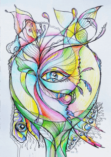 a colorful drawing of a face with a flower and leaves