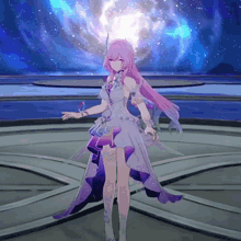 a girl with pink hair and a white dress stands in front of a blue sky