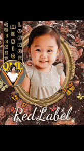 a picture of a little girl in a gold frame with the words red label