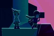 a couple of cartoon characters are standing next to each other in a room .