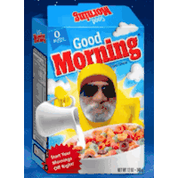 a box of good morning cereal shows a man pouring milk into a bowl