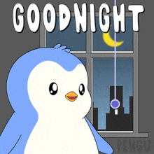 a penguin is standing in front of a window with the words goodnight written on it
