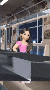 a cartoon girl is sitting on a subway train