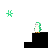 a green and white penguin is standing on a black block in front of a green x