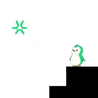 a green and white penguin is standing on a black block in front of a green x