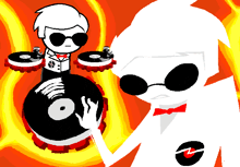 a cartoon character with sunglasses and a bow tie is playing a record