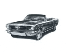it is a black and white drawing of a mustang convertible .