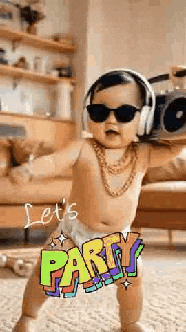 a baby wearing headphones and sunglasses is holding a boombox in his hand .