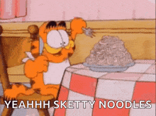 a cartoon of garfield sitting at a table with a plate of spaghetti