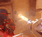 a video game screen shows a robot shooting a beam at another robot with the word stre visible
