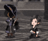 a cartoon character with a feather in his hat is standing next to another character