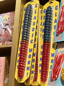 a bunch of gummy worms are on a shelf