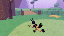a cartoon character is running through a grassy field with trees in the background .