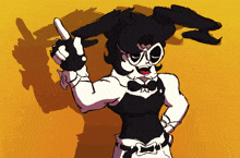a drawing of a cartoon character with a bow tie pointing upwards