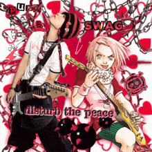 a disturb the peace poster with a girl holding a guitar and a man holding a guitar