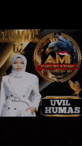 a woman wearing a hijab is standing in front of a logo for am
