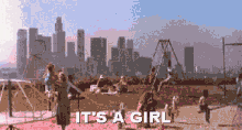 a pixelated image of a playground with the words it 's a girl below it