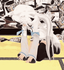 a cartoon character is kneeling down in front of a pile of magazines .