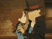 a man in a top hat is hugging a woman in a blue dress .