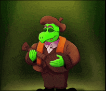 a cartoon drawing of a green frog playing a guitar