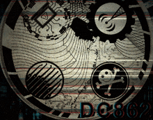 a drawing of a gear with a skull and crossbones and the word dc863