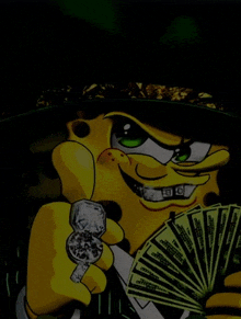a cartoon spongebob holding a fan of money