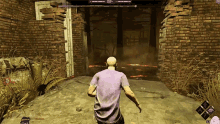 a man in a purple shirt is running in a video game with a screen that says ' thomas ' on it