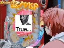 a person playing a game with a picture of a man and the word true on it