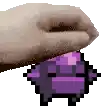 a pixel art of a hand holding a purple item .