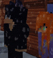 a minecraft character is standing in front of a wooden building