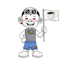 a cartoon character wearing a shirt that says ' zhou ' on it