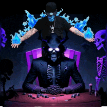 a man in a black shirt is standing next to a skeleton with blue flames coming out of his hands