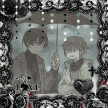 a picture of two people holding an umbrella with the word love written on the bottom