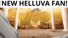 a video of a man flying through the air with the words " new helluva fan " above him