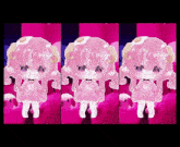 three pictures of a girl with pink hair standing in front of pink stuffed animals