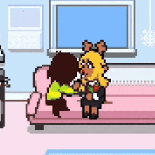 two cartoon characters are sitting on a pink couch .