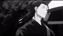 a black and white drawing of a man with long hair and a ponytail .