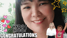 a picture of a woman with the words woo hoo congratulations below her