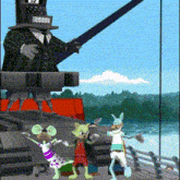 three cartoon characters are standing on a bridge with a man in a top hat behind them