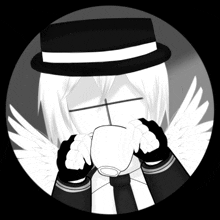 a black and white drawing of a person wearing a hat and tie holding a cup of coffee