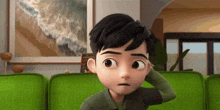 a cartoon boy is sitting on a green couch in a living room with his hand on his head .