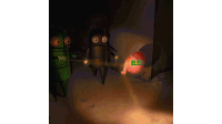 a cartoon drawing of a robot holding a flashlight and a red object that says c.l.m.z.