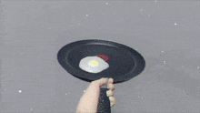 a person is holding a frying pan with a red circle on it
