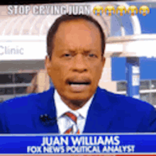 juan williams is a fox news political analyst and is wearing a blue suit and tie .